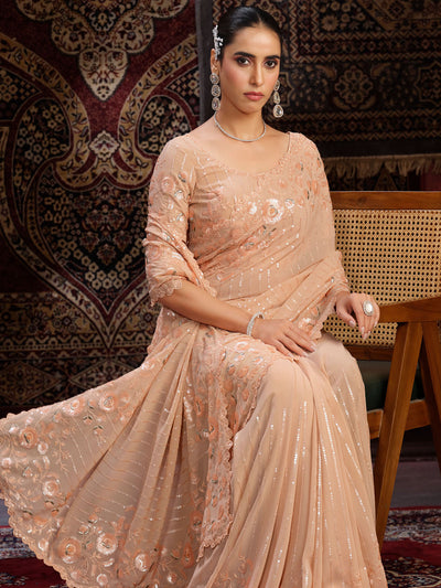 Odette Peach Embellished Georgette Saree With unstitched Blouse For Women