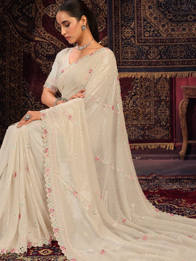 Odette Off white Embellished Georgette Saree With unstitched Blouse For Women