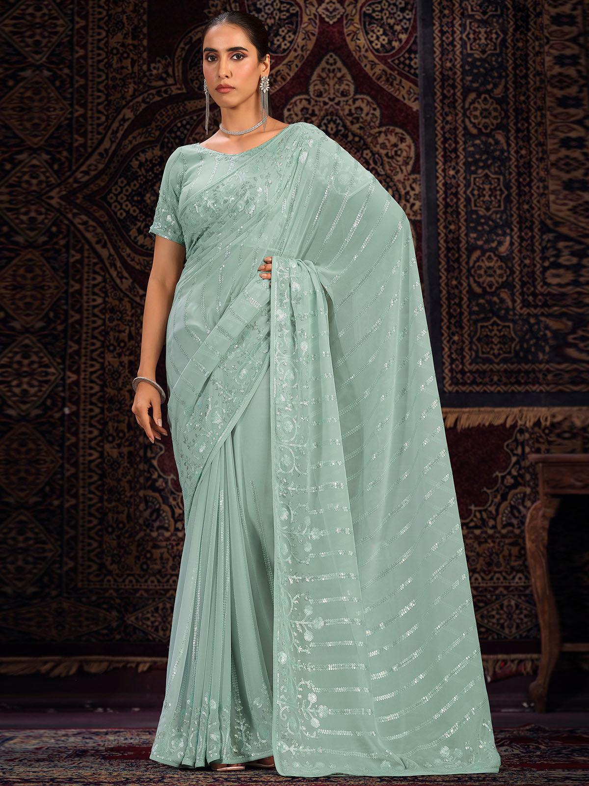 Odette Sea green Embellished Georgette Saree With unstitched Blouse For Women