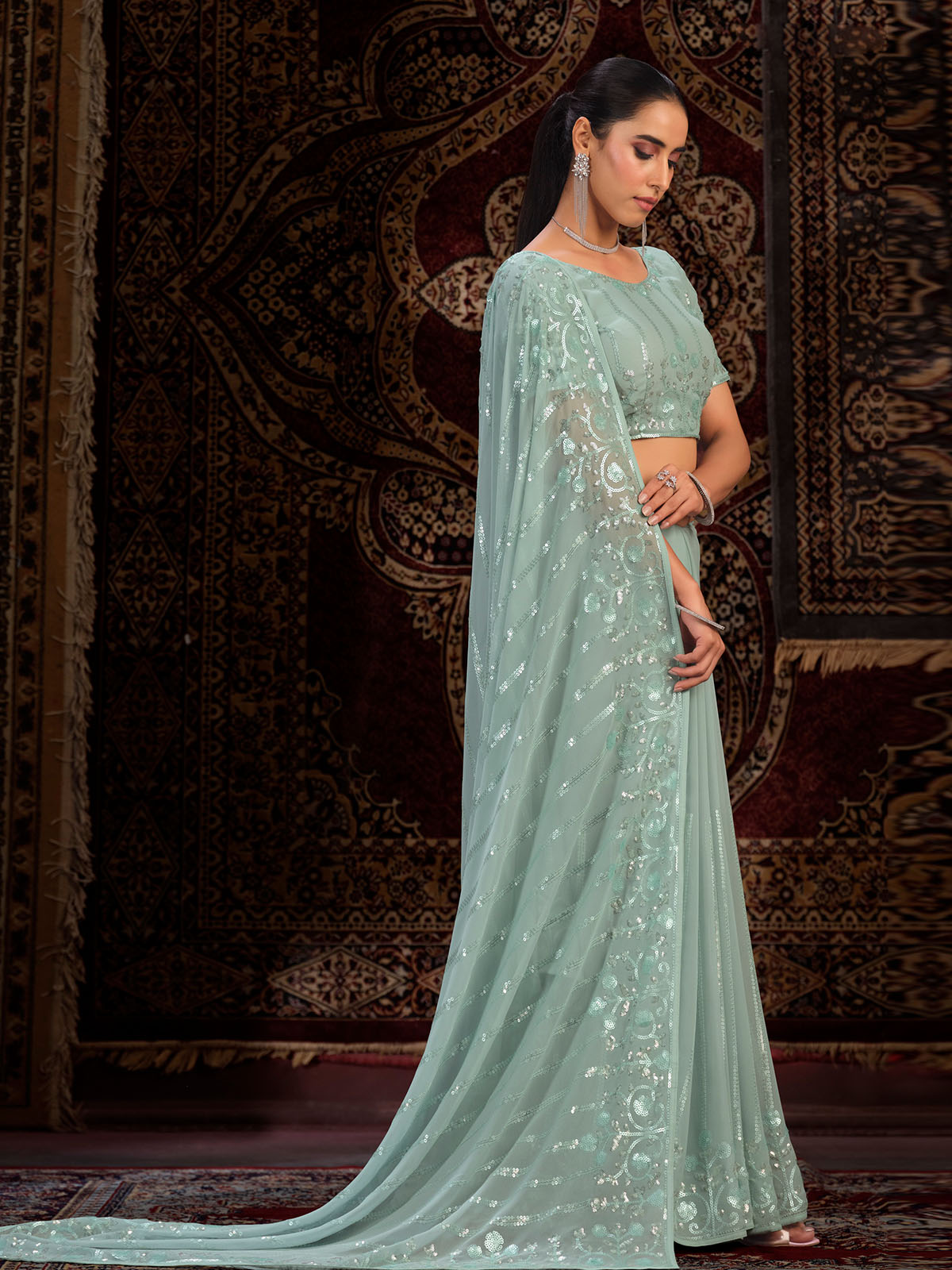 Odette Sea green Embellished Georgette Saree With unstitched Blouse For Women