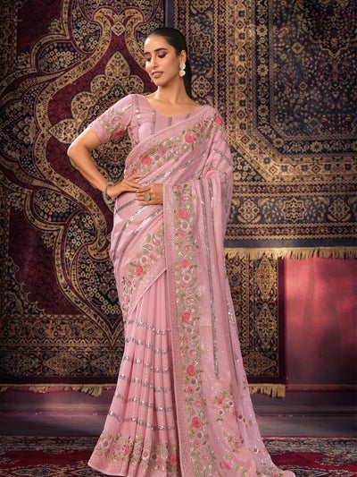 Odette Pink Embellished Georgette Saree With unstitched Blouse For Women