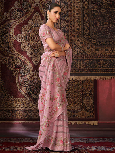 Odette Pink Embellished Georgette Saree With unstitched Blouse For Women