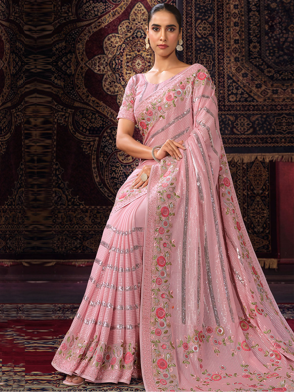 Odette Pink Embellished Georgette Saree With unstitched Blouse For Women