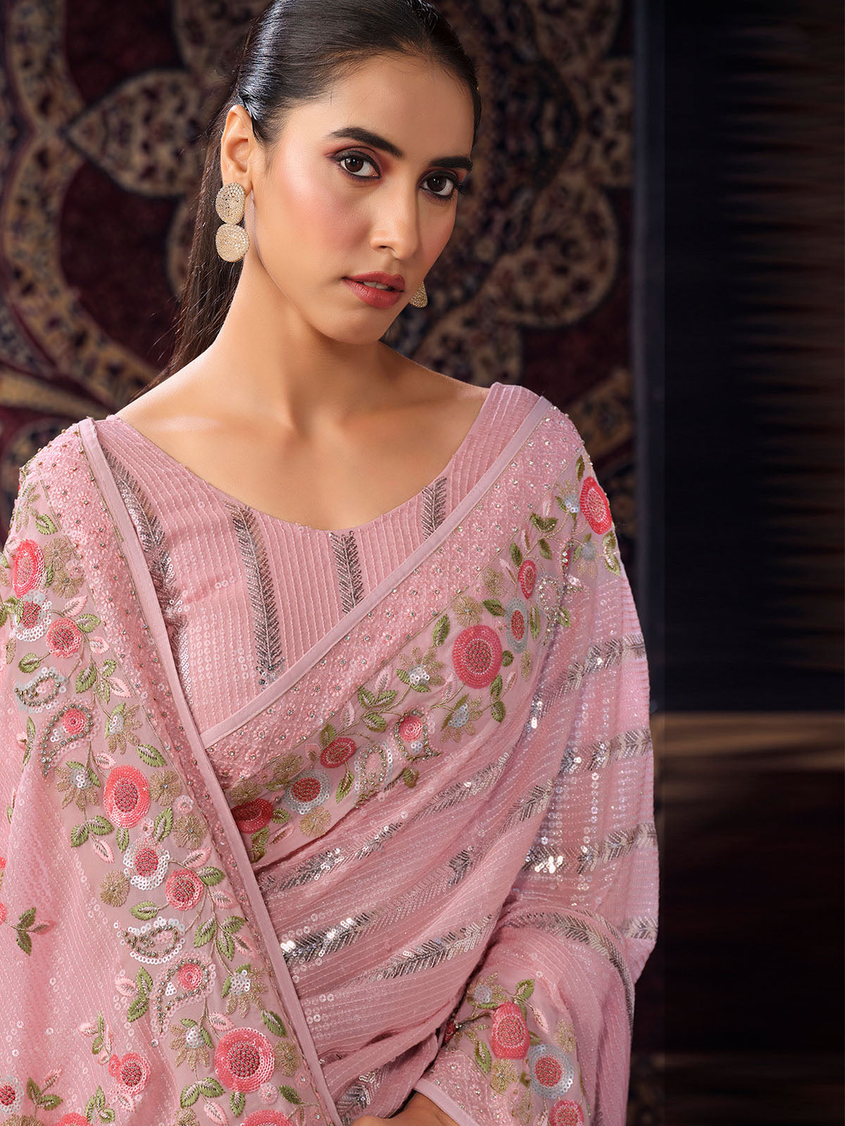 Odette Pink Embellished Georgette Saree With unstitched Blouse For Women