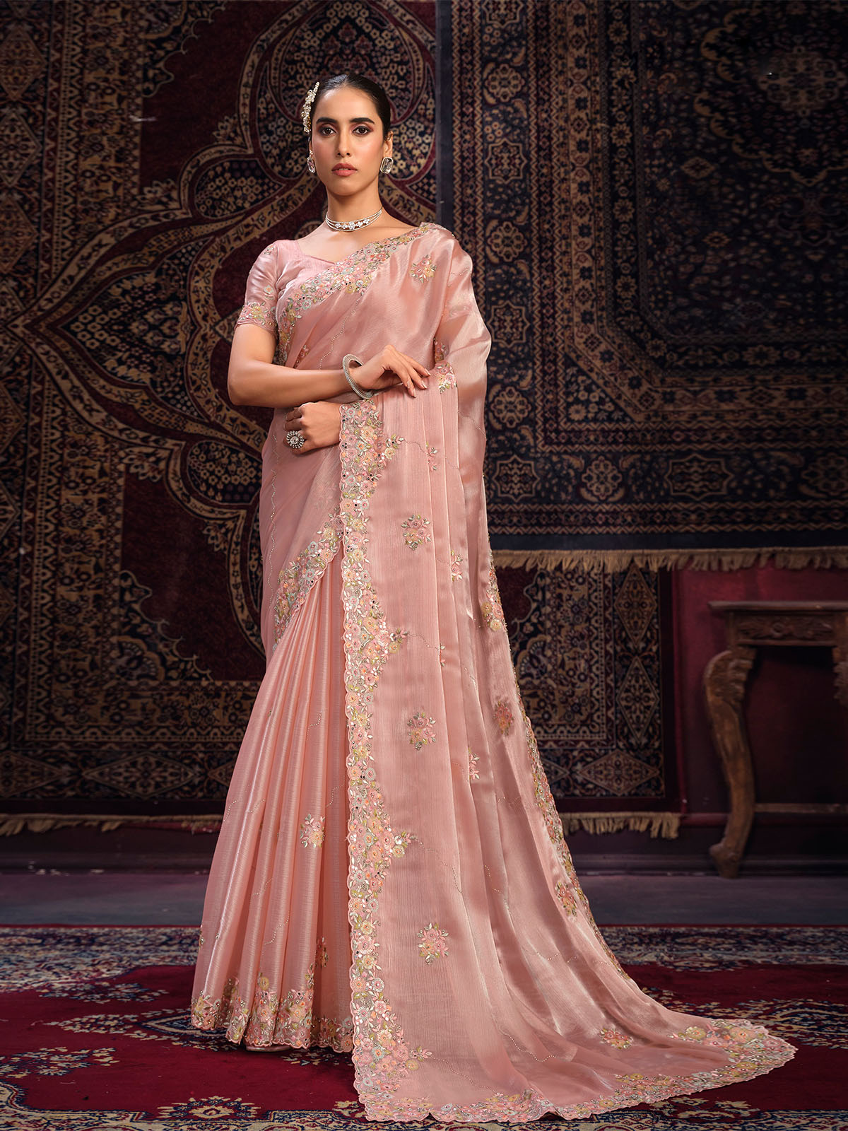 Odette Peach Embellished Organza Saree With unstitched Blouse For Women