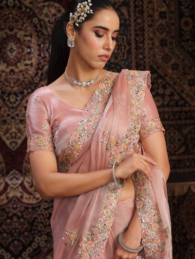 Odette Peach Embellished Organza Saree With unstitched Blouse For Women