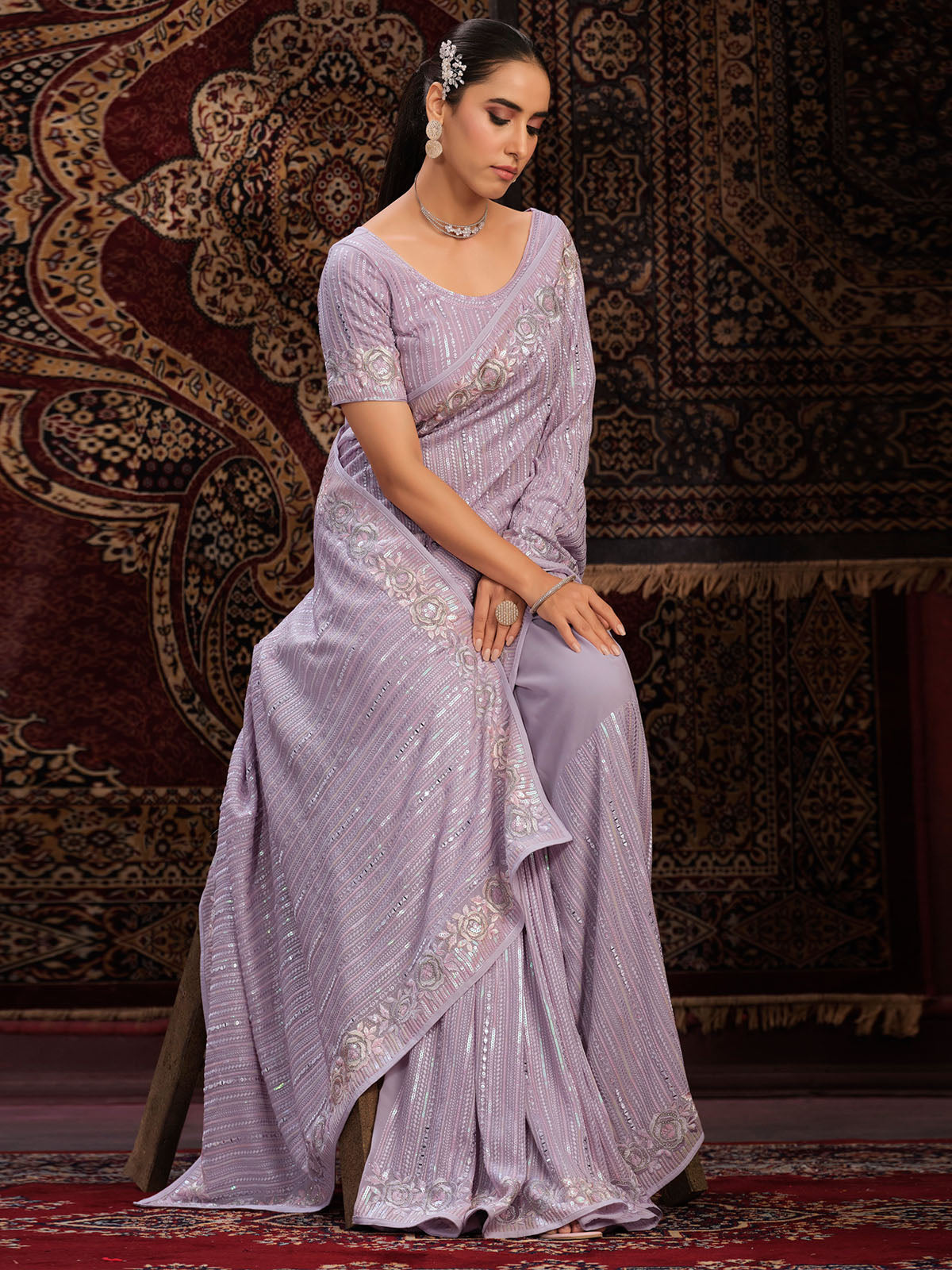 Odette Lavender Embellished Georgette Saree With unstitched Blouse For Women