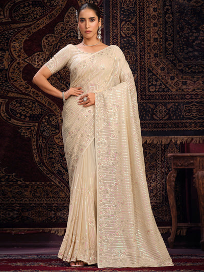 Odette Off white Embellished Georgette Saree With unstitched Blouse For Women