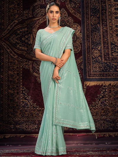 Odette Blue Embellished Georgette Saree With unstitched Blouse For Women