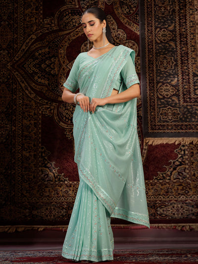 Odette Blue Embellished Georgette Saree With unstitched Blouse For Women