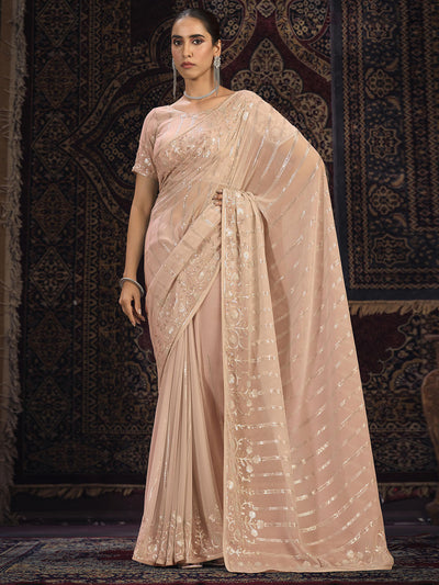 Odette Peach Embellished Georgette Saree With unstitched Blouse For Women