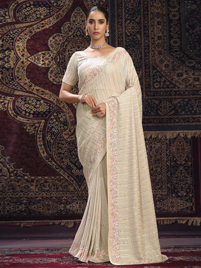 Odette Off white Embellished Georgette Saree With unstitched Blouse For Women