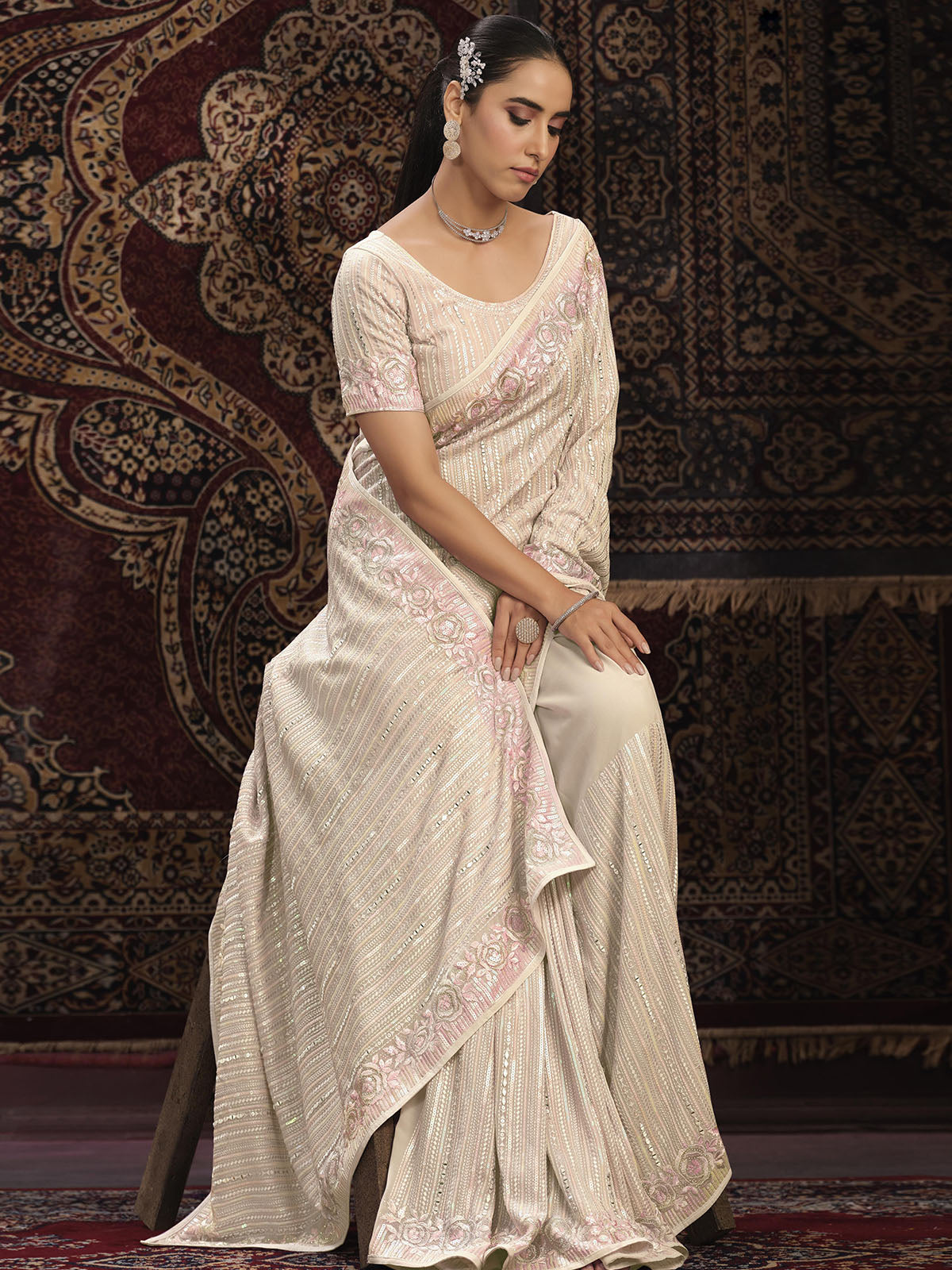 Odette Off white Embellished Georgette Saree With unstitched Blouse For Women