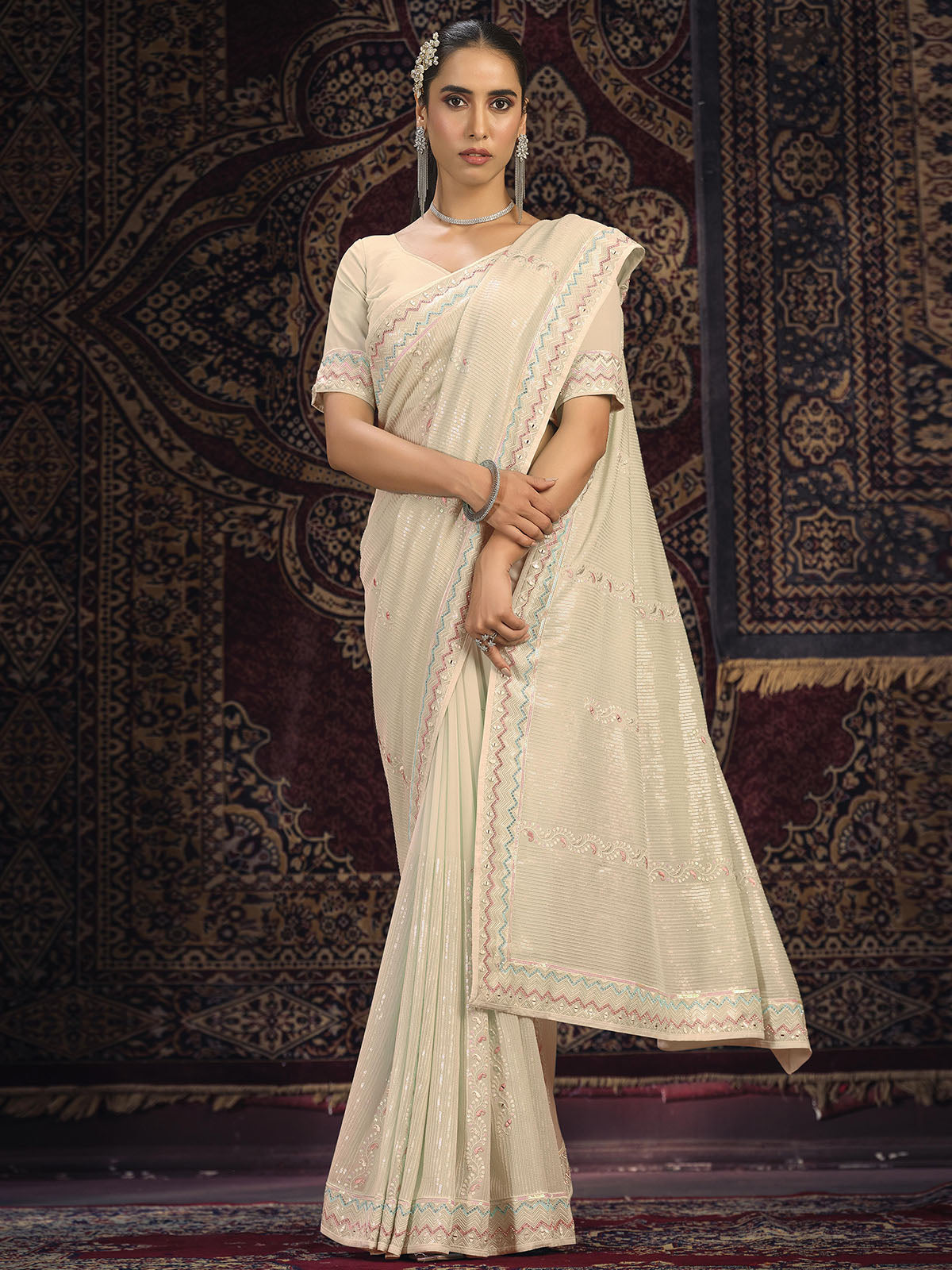 Odette Off white Embellished Georgette Saree With unstitched Blouse For Women