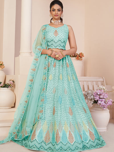 Odette Women Turquoise Net Embroidered Semi Stitched Lehenga With Unstitched Blouse