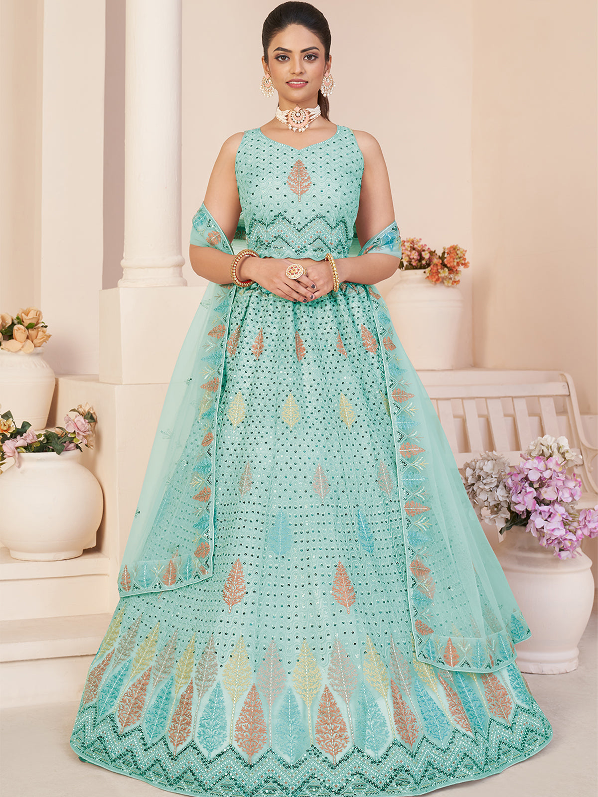 Odette Women Turquoise Net Embroidered Semi Stitched Lehenga With Unstitched Blouse