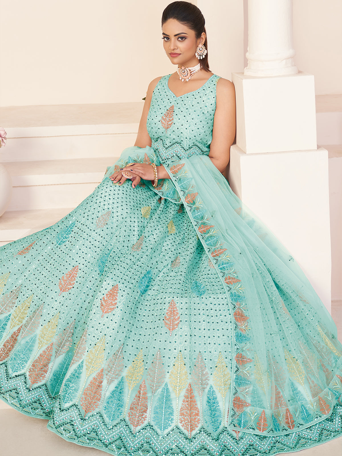 Odette Women Turquoise Net Embroidered Semi Stitched Lehenga With Unstitched Blouse