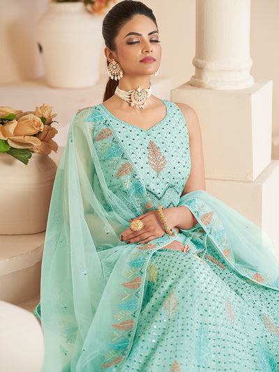 Odette Women Turquoise Net Embroidered Semi Stitched Lehenga With Unstitched Blouse