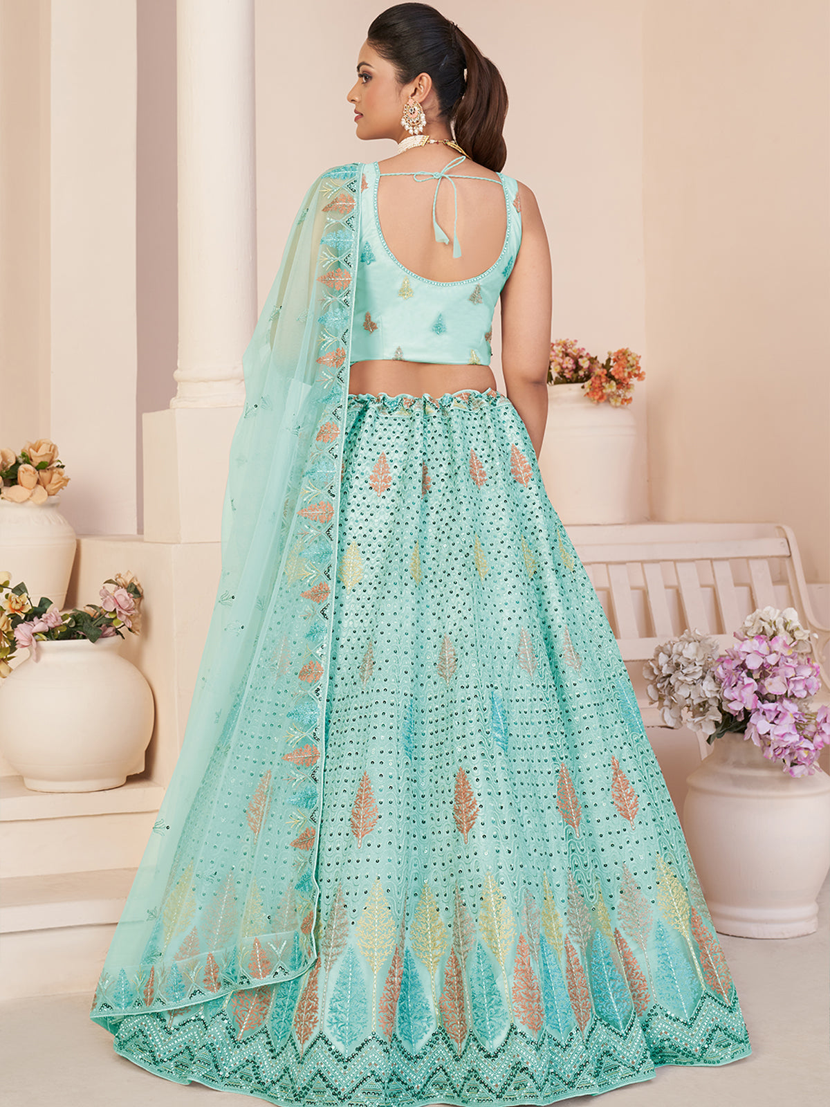 Odette Women Turquoise Net Embroidered Semi Stitched Lehenga With Unstitched Blouse