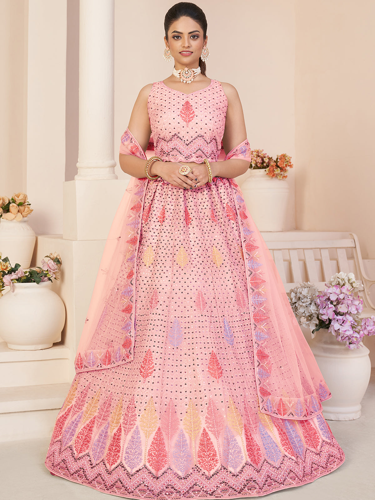 Odette Women Pink Net Embroidered Semi Stitched Lehenga With Unstitched Blouse