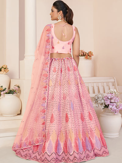 Odette Women Pink Net Embroidered Semi Stitched Lehenga With Unstitched Blouse