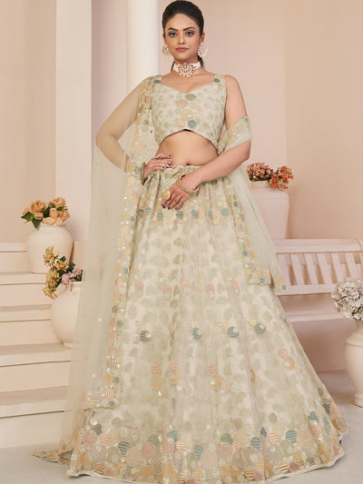 Odette Women Cream Net Embroidered Semi Stitched Lehenga With Unstitched Blouse