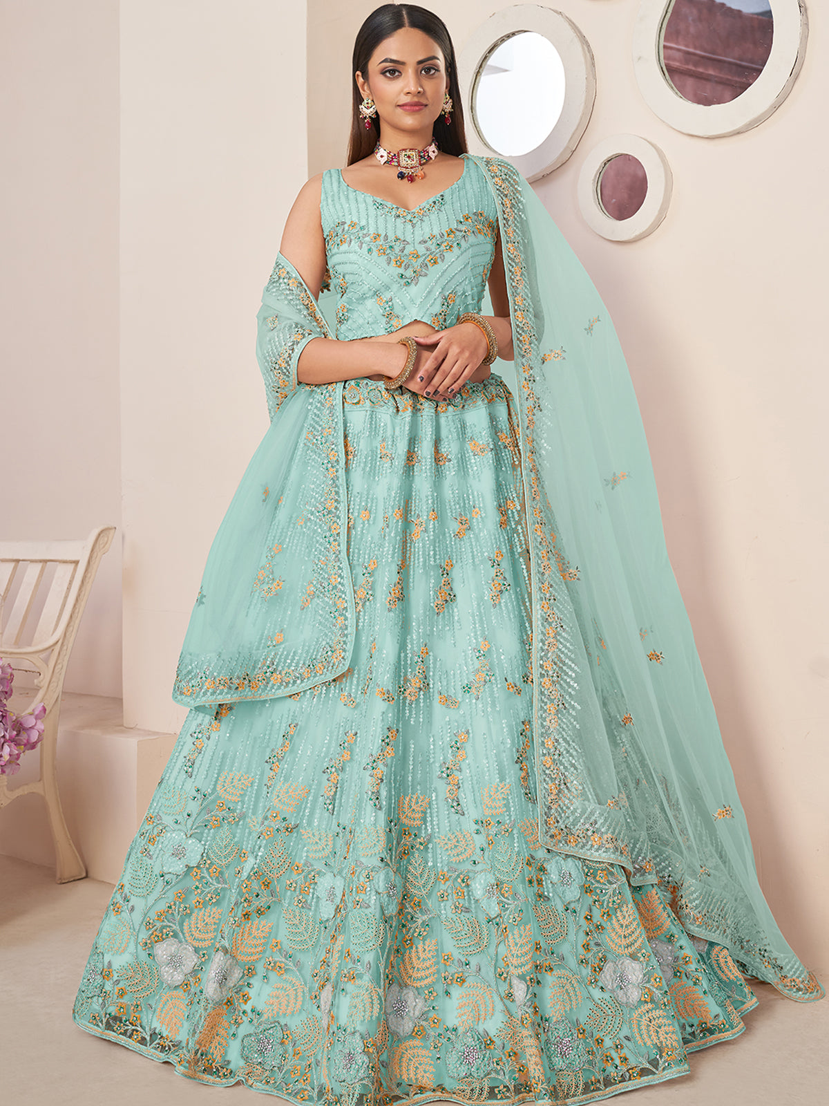 Buy Traditional Wear Sky Blue Thread Work Georgette Lehenga Choli Online  From Surat Wholesale Shop.