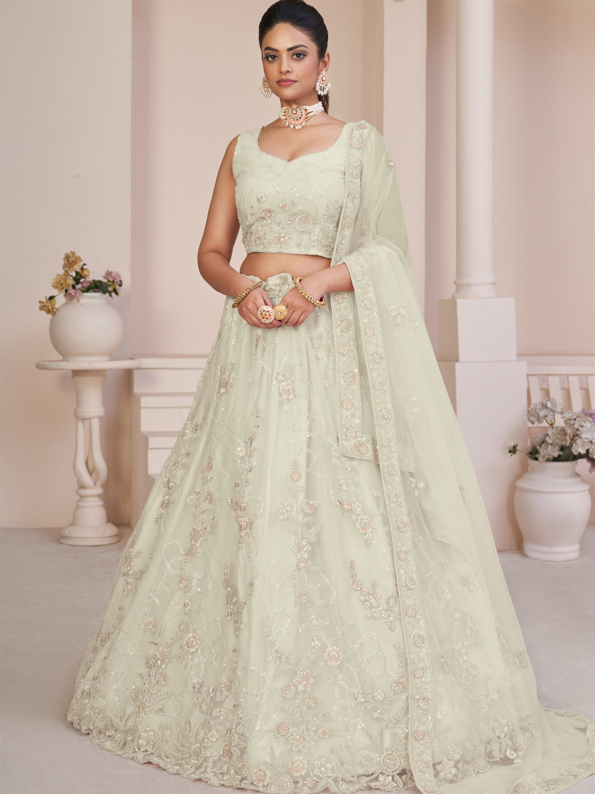 Odette Women White Net Embroidered Semi Stitched Lehenga With Unstitched Blouse