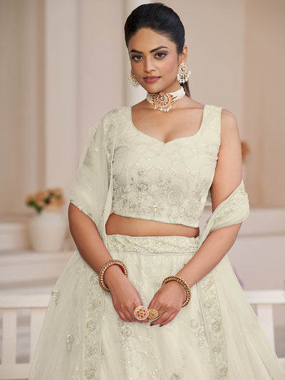 Odette Women White Net Embroidered Semi Stitched Lehenga With Unstitched Blouse