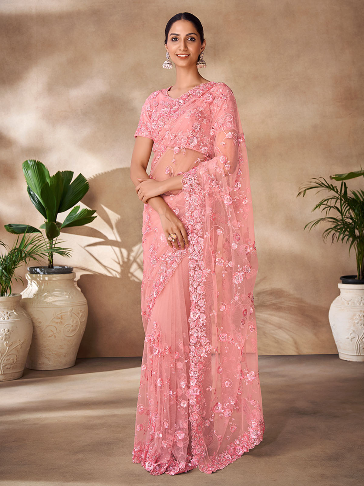 Odette Peach Net Embroidered Saree With Unstitched Blouse For Women