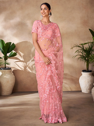 Odette Peach Net Embroidered Saree With Unstitched Blouse For Women