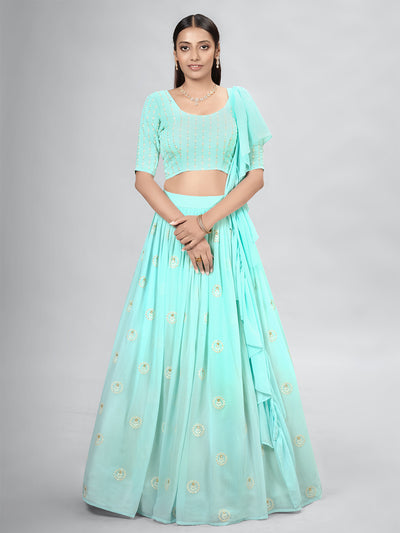 Odette Blue Georgette Printed Semi Stitched Lehenga With Unstitched Blouse For Women