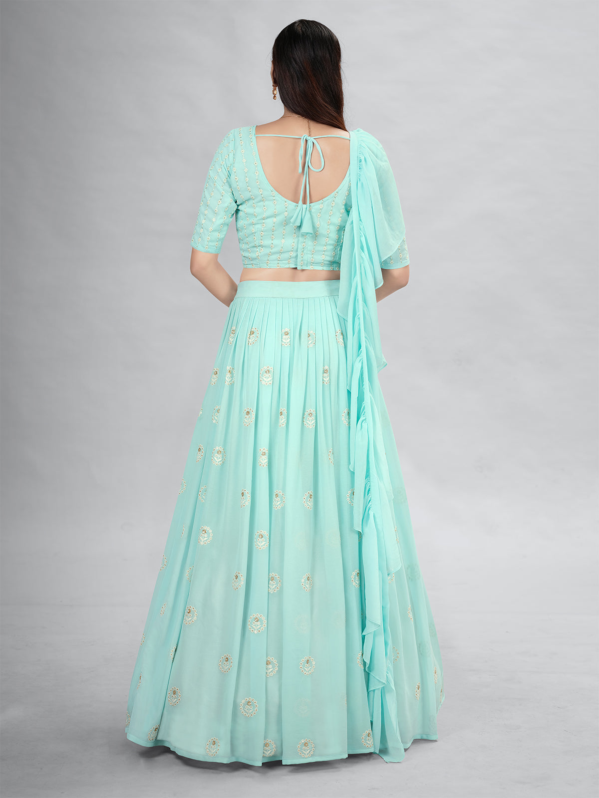 Odette Blue Georgette Printed Semi Stitched Lehenga With Unstitched Blouse For Women