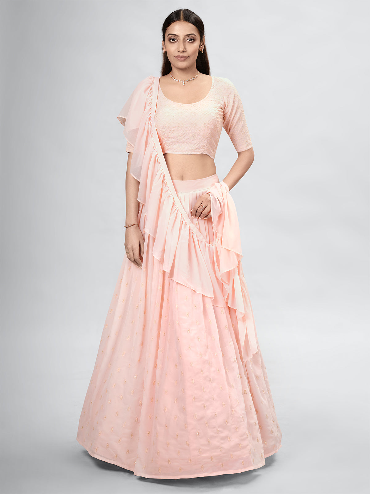 Odette Peach Georgette Printed Semi Stitched Lehenga With Unstitched Blouse For Women