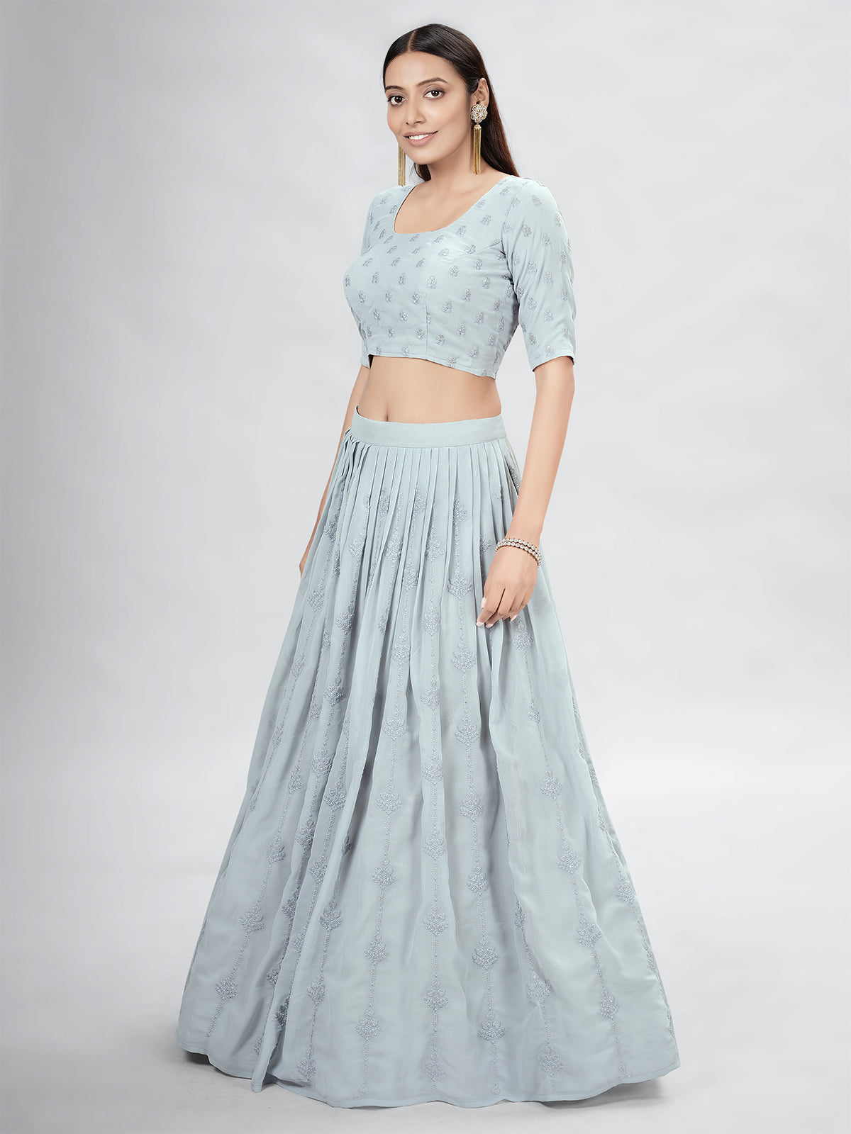 Odette Grey Georgette Printed Semi Stitched Lehenga With Unstitched Blouse For Women