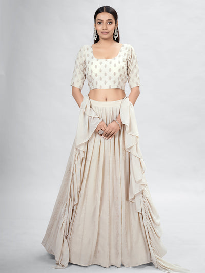 Odette Beige Georgette Printed Semi Stitched Lehenga With Unstitched Blouse For Women