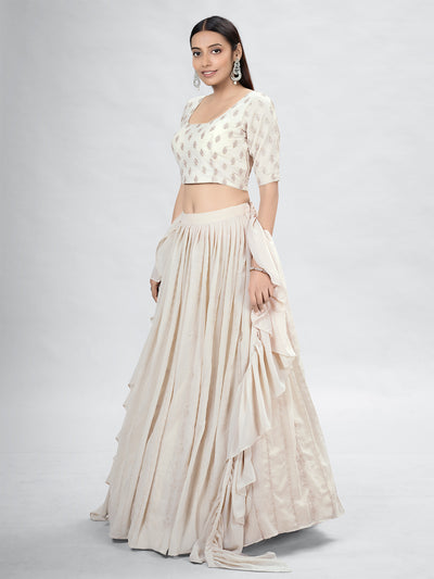 Odette Beige Georgette Printed Semi Stitched Lehenga With Unstitched Blouse For Women