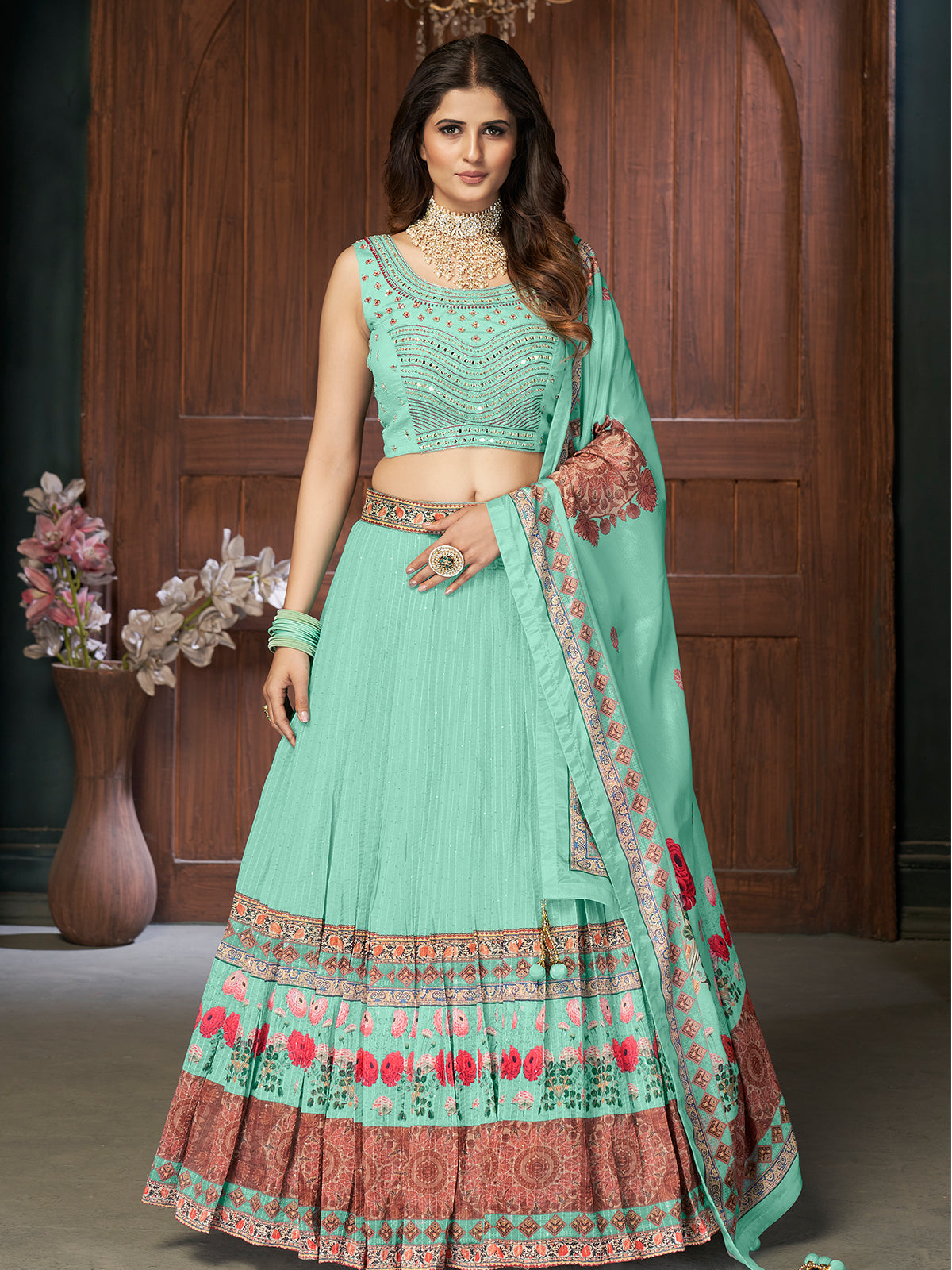 Odette Sea Green Chinon Embellished Stitched Lehenga Set For Women