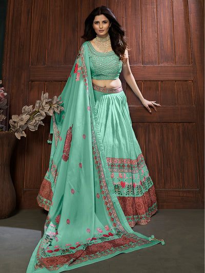 Odette Sea Green Chinon Embellished Stitched Lehenga Set For Women