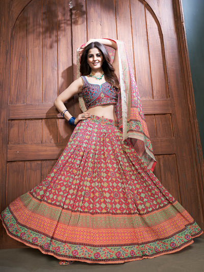 Odette Multicolor Chinon Embellished Stitched Lehenga Set For Women