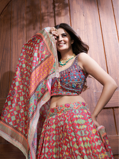 Odette Multicolor Chinon Embellished Stitched Lehenga Set For Women