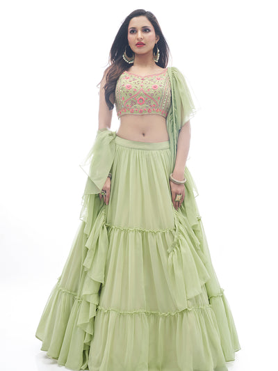 Odette Green Georgette Embellished Stitched Lehenga With Stitched Blouse For Women