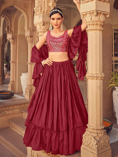 Odette Maroon Chinon Embellished Stitched Lehenga With Stitched Blouse For Women