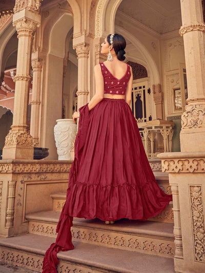 Odette Maroon Chinon Embellished Stitched Lehenga With Stitched Blouse For Women