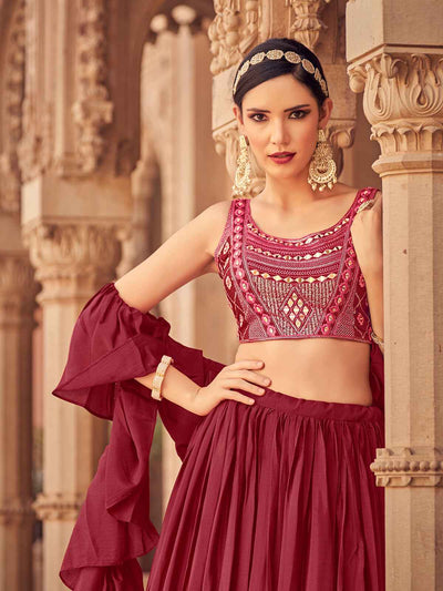 Odette Maroon Chinon Embellished Stitched Lehenga With Stitched Blouse For Women