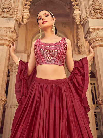 Odette Maroon Chinon Embellished Stitched Lehenga With Stitched Blouse For Women