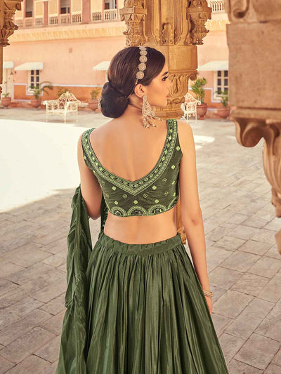 Odette Olive Chinon Embellished Semi Stitched Lehenga With Unstitched Blouse For Women