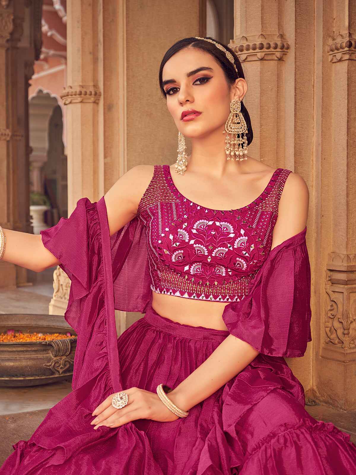 Odette Pink Chinon Embellished Stitched Lehenga With Stitched Blouse For Women