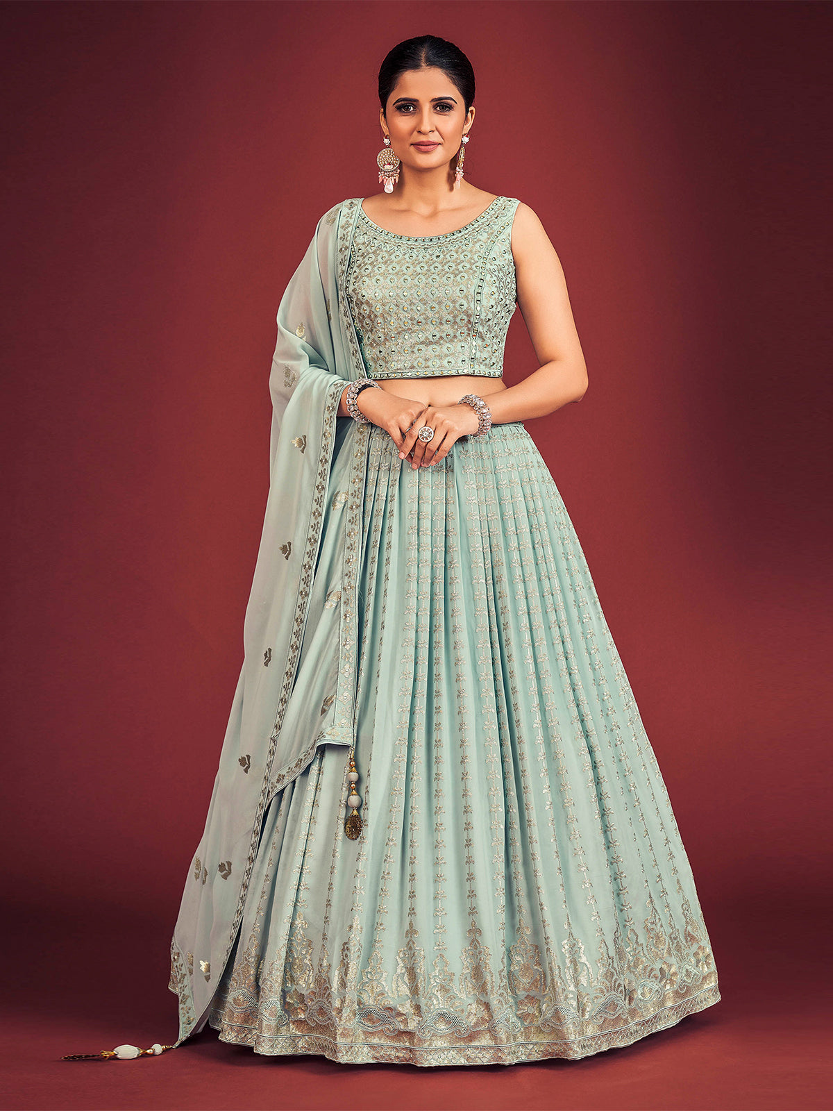 Odette Light Blue Georgette Embellished Stitched Lehenga Set For Women