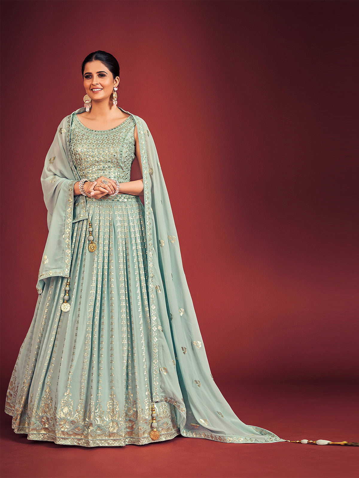 Odette Light Blue Georgette Embellished Stitched Lehenga Set For Women